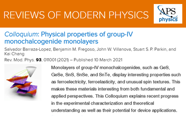 Dr. Kai Chang and colleagues write on group-IV monochalcogenide monolayers in Reviews of Modern Physics